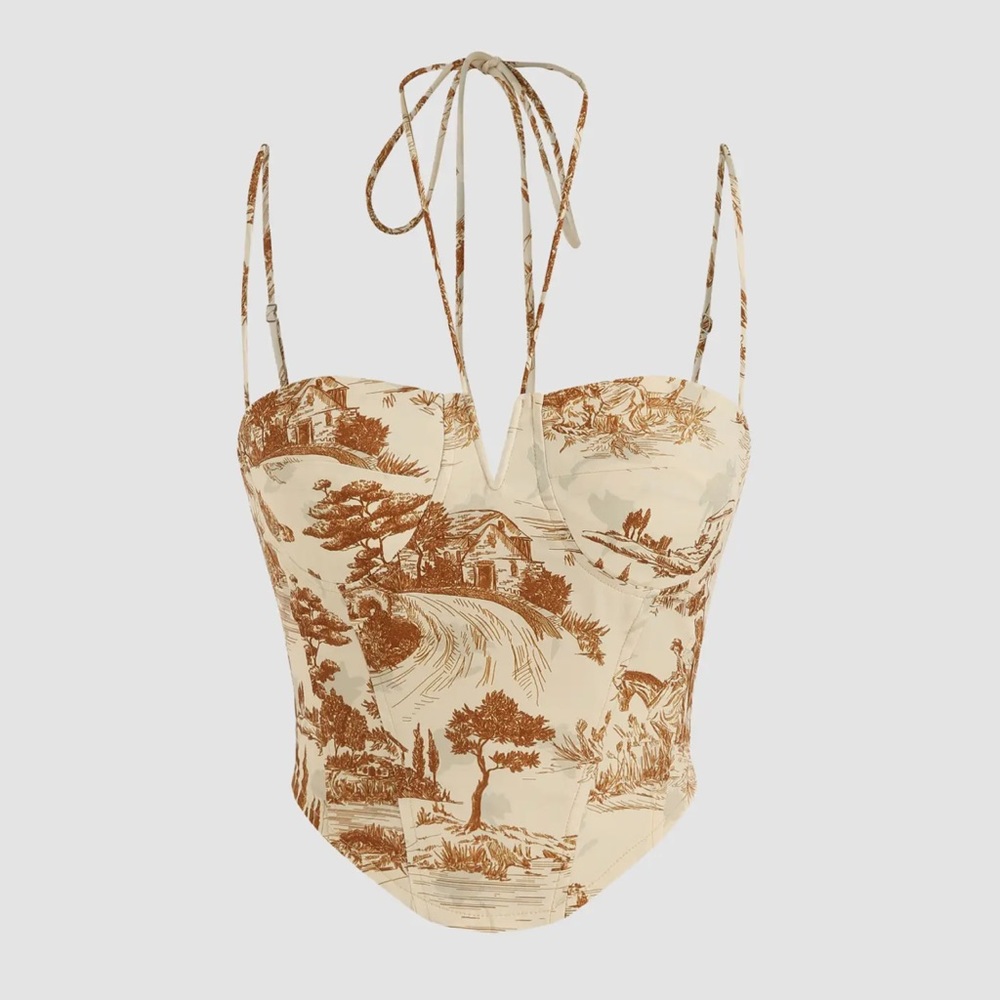 Cider Toile De Jouy Corset Crop Top Burlywood